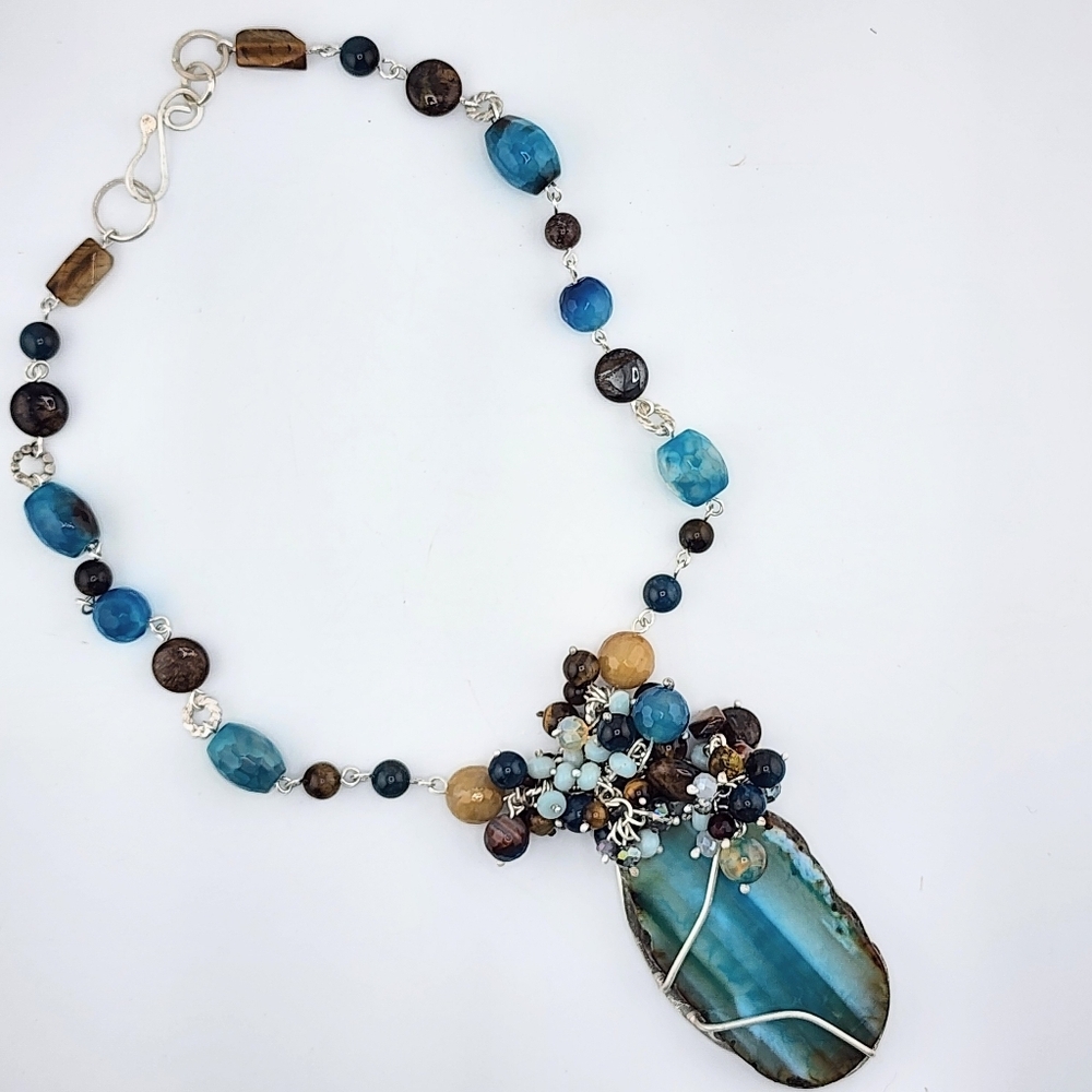 AGATE, AMAZONITE & TIGERS EYE GENUINE GEMSTONE NECKLACE HANDMADE STERLING SILVER